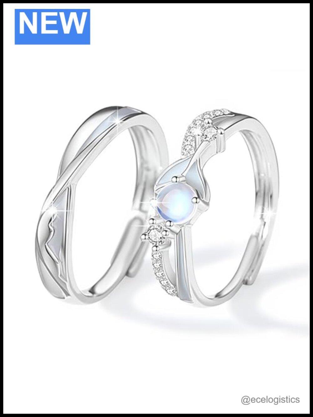 Glowing Moonstone 925 Sterling Silver Matching Promise Rings Set Adjustable